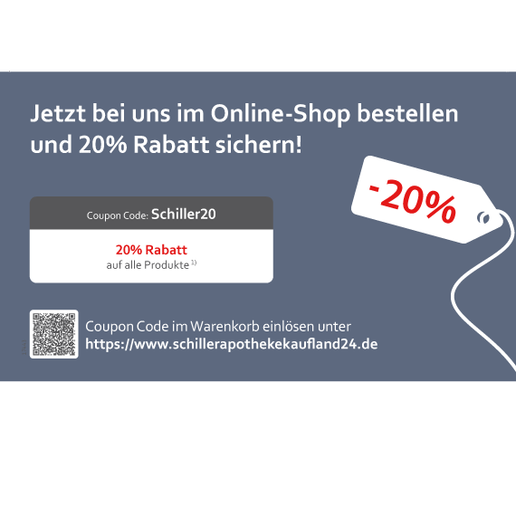 Postkarte mit Rabattcode: Schiller20 für den Einkauf in der Online Apotheke www.schillerapotheke24.de